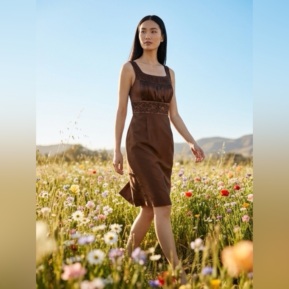 Nordstrom Chocolate Brown Embroidered Sheath Dress